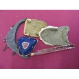 Gilt overlay square scent bottle, two ladies mesh evening purses, heart shaped beadwork pin
