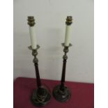Pair of George III style turned wooden table lamps with brass sconces H46cm (2)