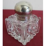 Late Victorian silver hallmarked hobnail cut glass square inkwell with hinged cover, Birmingham 1892