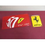 Small Ferrari enameled wall plaque, prancing horse logo on yellow ground (15cm x 10cm) and a tin