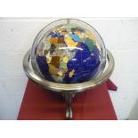 Multi gemstone desk globe, on brass base with compass H24cm
