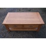 Quality modern oak two tier rectangular coffee table with two drawers W120cm D60cm H47cm