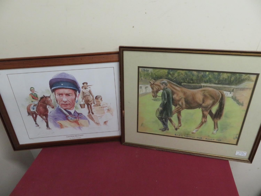 Gary Keane 'Lester Piggott' Ltd.ed. colour print 303/495 signed by both, 34cm x 49cm and Pastel