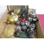 Oneida stainless steel four piece tea service on tray, three lidded pewter measures, pewter inkwell,