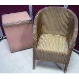 Lloyd Loom style rectangular linen box with hinged top and similar armchair (2)