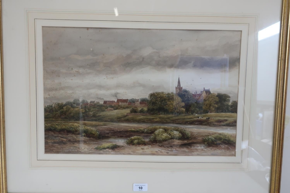 English School (early 20th C), an extensive river landscape with cows, a church beyond, watercolour,