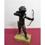 Bronze figure of a Cupid mounted on rectangular Sienna marble base (H21cm)