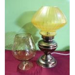 1970's vase with amber tint bowl, table lamp with amber shade