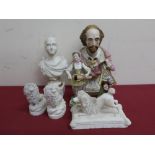 Three bisque figures of poodles, two continental porcelain figures of a couple, small ceramic bust