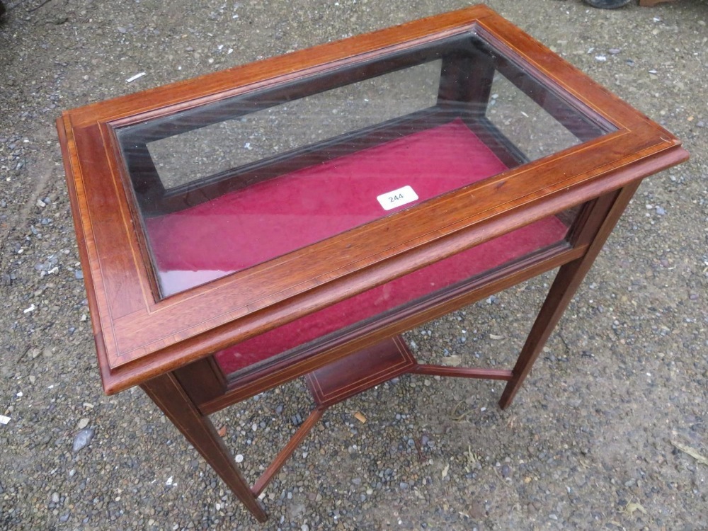 Edwardian inlaid mahogany rectangular bijouterie table with hinged top on square tapered supports