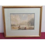 19th C watercolour depicting two fishermen on a beach with approaching storm (44cm x 36cm)