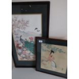 Early 20th C framed & mounted Japanese print of a seated lady with signature panel, and another