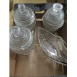 Pair of cut glass sweetmeat jars and covers (H20cm) another similar, and a lozenge shaped cut