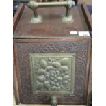 Edwardian beech coal box with carved slope front and embossed brass panel, and a 19th C copper and