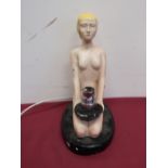 Art deco painted plaster cast table lamp in the form of a naked kneeling lady H26cm