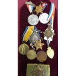 Collection of medals and medallions including: Victory medal 394993 PTE. A. R. Fox R. Fus, Victory