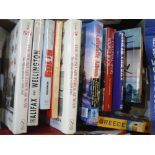 Box containing mostly hardback aircraft and RAF related books including Halifax and Wellington,