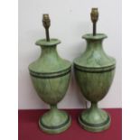 Pair of Regency style Tole wear green marble vein effect urn shaped table lamps H30cm (2)