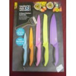 Boxed as new Taylor Eyewitness five piece kitchen knife set and peeler, and four piece cheese
