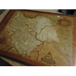 Reproduction 16th C map of Yorkshire in lacquered brass frame (89cm x 61.5cm)