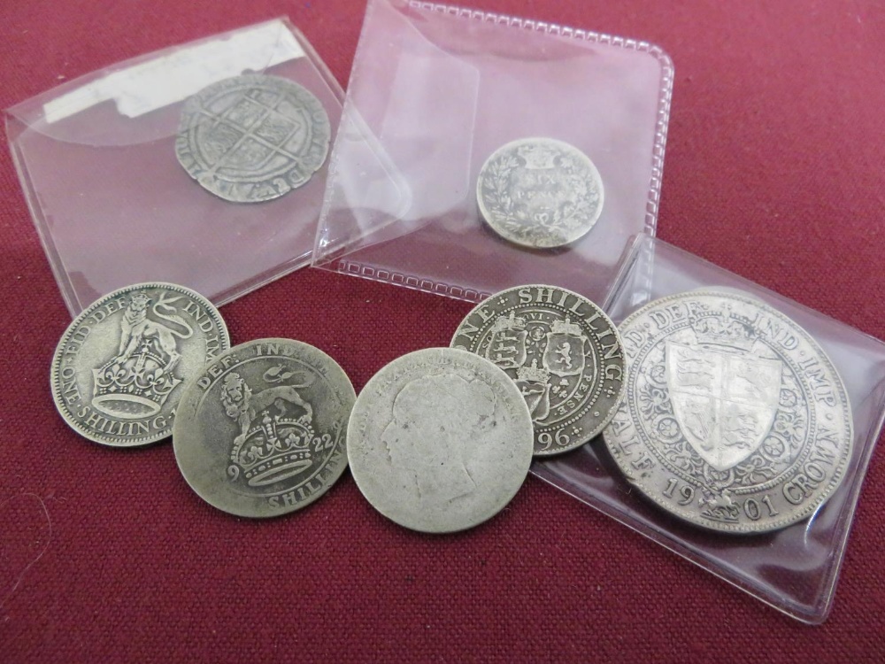 Elizabeth l 6d 1685, William IV 6d, Victorian half-crown 1901 and two Victorian shillings (5)