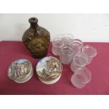 Two 19th C prattware pots with covers, glazed stoneware bottle and twelve moulded glass jars