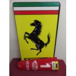 Wood and fiberglass display of a Ferrari F1 car nose (L53cm) and a Ferrari horse crest poster
