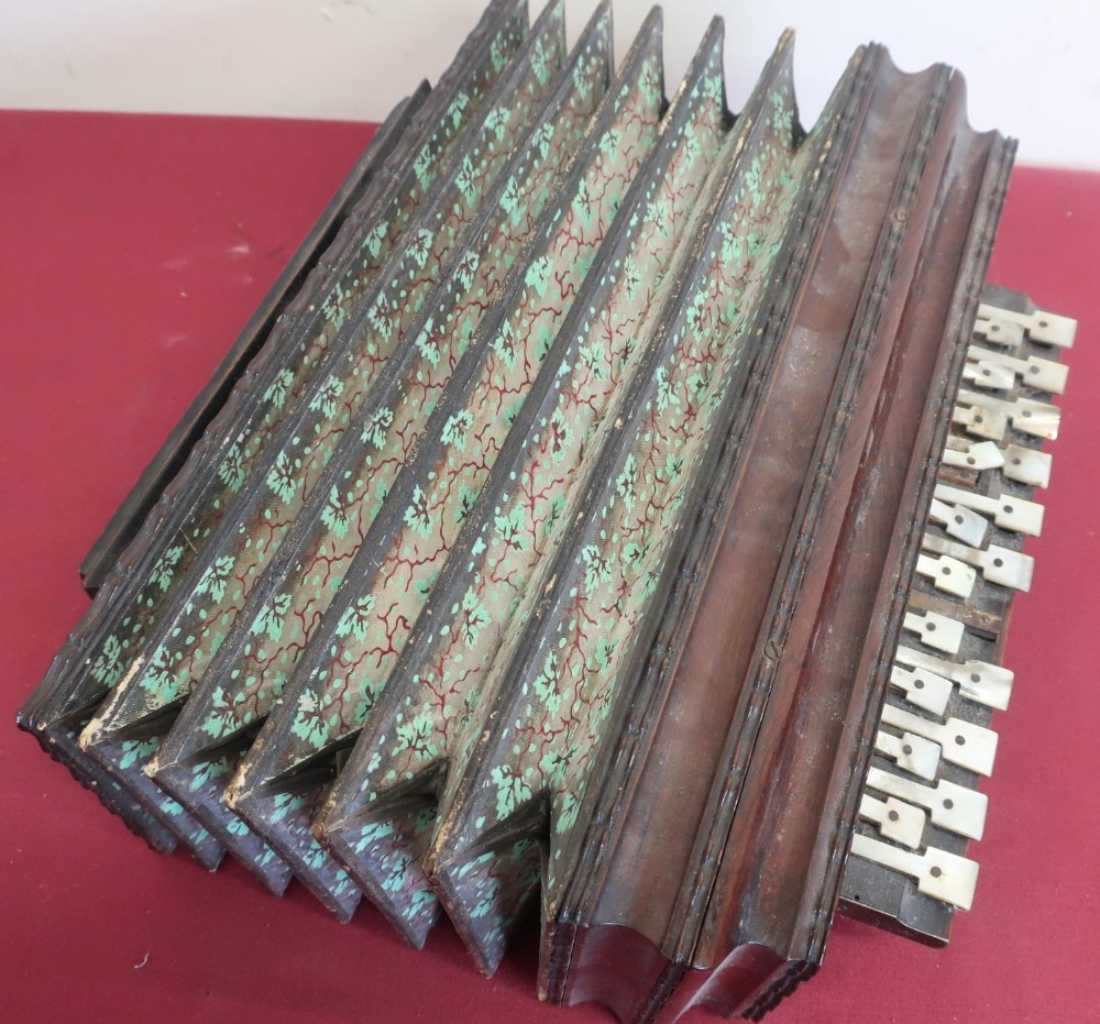 Late 19th C Concertina, with 21 Mother of Pearl keys (W36cm)