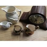 1930s mahogany case mantle clock with Westminster and Whittington chiming movement, and four jugs