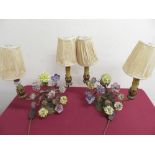 Pair of metal two branch table lamps with coloured flower decoration (H27cm) (2)