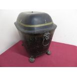 Late 19th C black japanned coal box, with lion mask ring handles and paw feet H43cm W53cm D 26cm