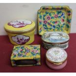 Two enamel Crummles pill type boxes with hinged lids, enamel floral pattern vesta, continental