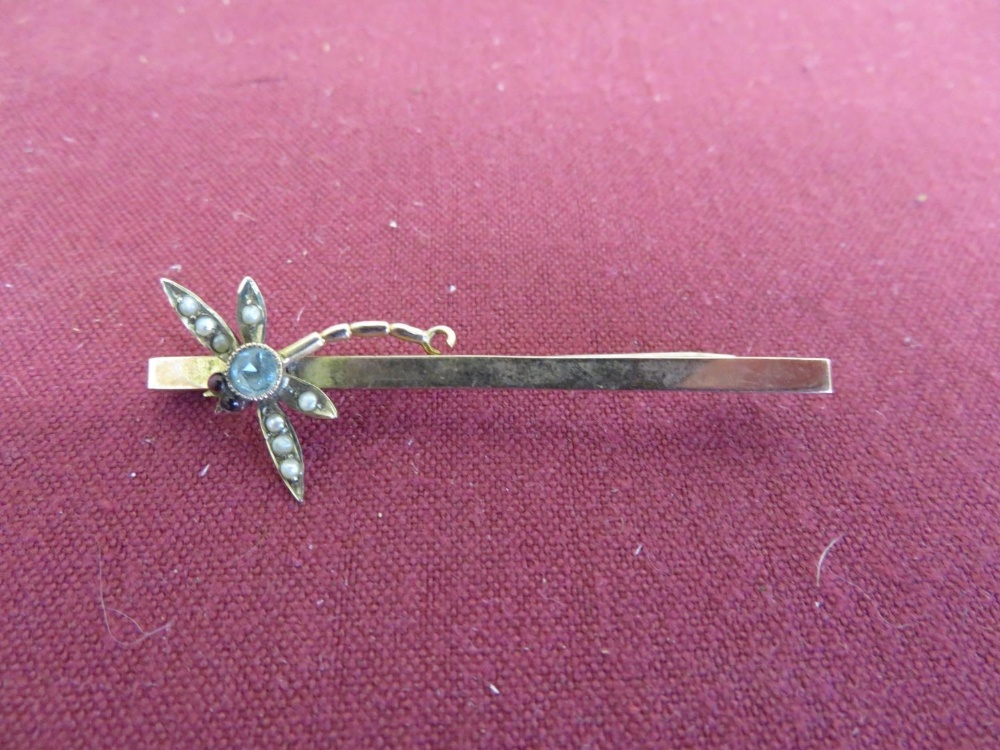 9ct gold bar brooch, set with a dragonfly with seed pearl wings and garnet eyes, stamped 9ct 3.0g