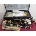 Set of bagpipes, Chanter stamped P. Henderson turned wooden pipes with bone, horn and EPNS