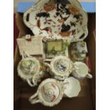 Collection of Coalport-Hong Kong pattern dish, three vases and covers, three pastel burners