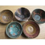 Five late 20th C glazed art pottery stoneware bowls