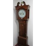 19th C mahogany crossbanded oak long cased clock, circular Arabic dial with subsidiary seconds and