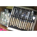 Cased set of six EPNS teaspoons, cased set of plated fish knives and forks, other plated cutlery