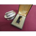 Dunhill gold plated and black enamel lighter (H6.5cm) no. 159656 in original box, and a Ronson