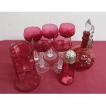 Ruby glass mallet shaped decanter, the body painted with flowers, clear glass handle and stopper (