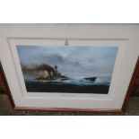 Framed and mounted print "The Last Moments of HMS Hood" by Robert Taylor, signed by the artist (55cm
