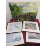 Four wildlife prints after Archibald Thorburn, an unframed oil painting of rural scene signed Ronald