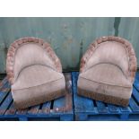 Pair of late Victorian upholstered low tub chairs on turned supports (2)