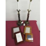 Pair of turned open barley twist wooden table lamps H54cm, and four wooden photograph frames (6)