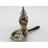 Geo. V Art Nouveau design silver pepperette Birmingham 1913, a Geo. V silver tea strainer with
