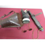 Gas Mask marked No268abr-12 in leather case, an American style survival knife with screw top grip in