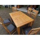 Rectangular extending oak kitchen table on square supports L125cm x W89cm, and a set of six high