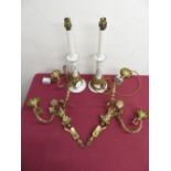 Pair of ceramic table lamps decorated with roses (H42cm) and a pair of gilt metal two branch wall