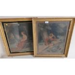 Pair of 19th C gilt framed coloured prints, one of a girl titled "Contemplation", the other of a boy
