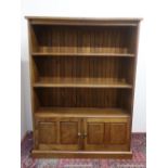 Cryer Craft elm bookcase with boarded back and two shelves above two two-paneled doors on plinth